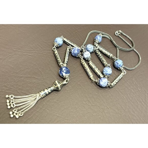 800 & 925 Silver Sodalite Prayer? Tassel Foxtail Chain Bali Beads Necklace 27” - Picture 11 of 12